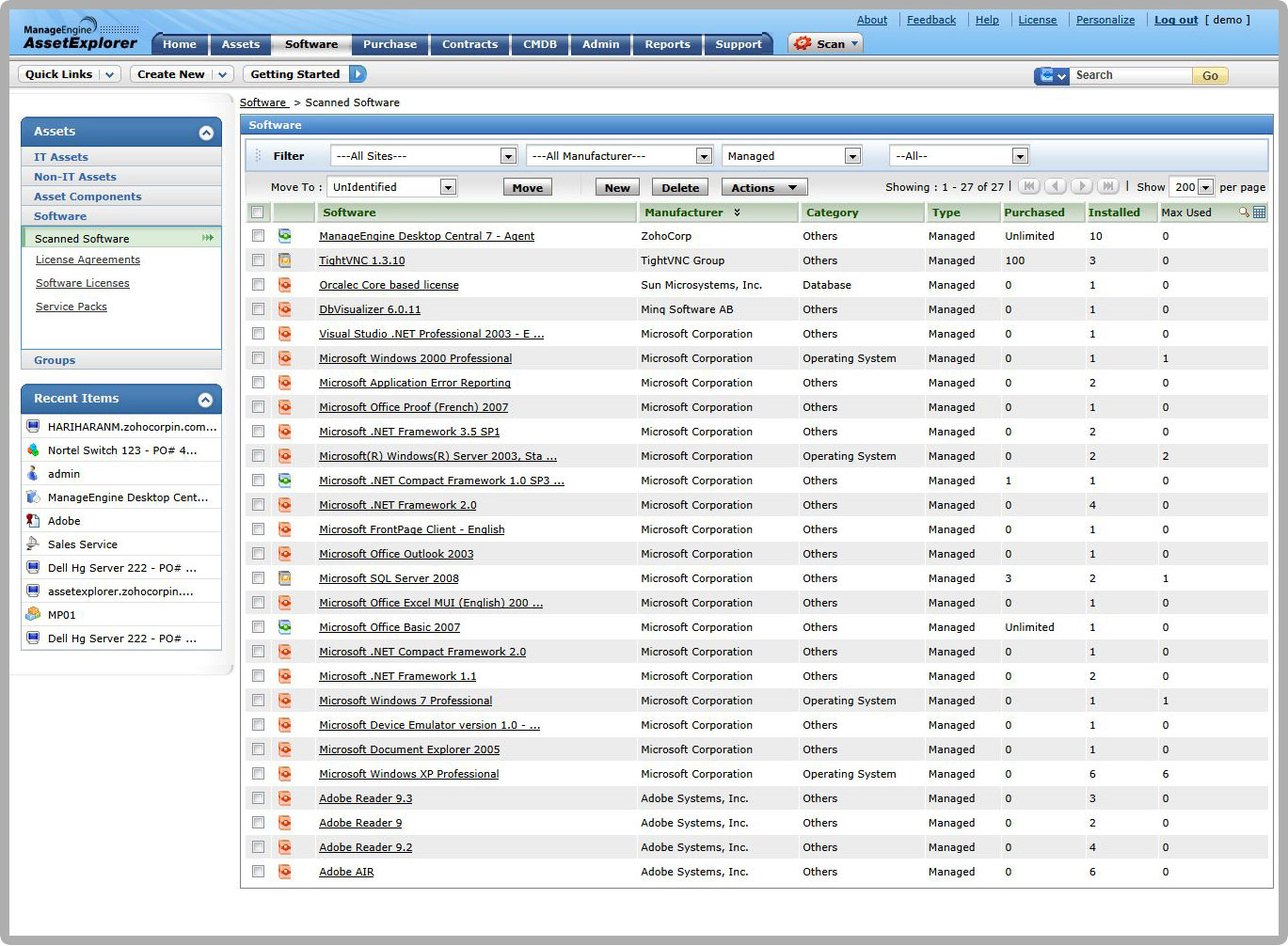 ManageEngine AssetExplorer scanned software screenshot