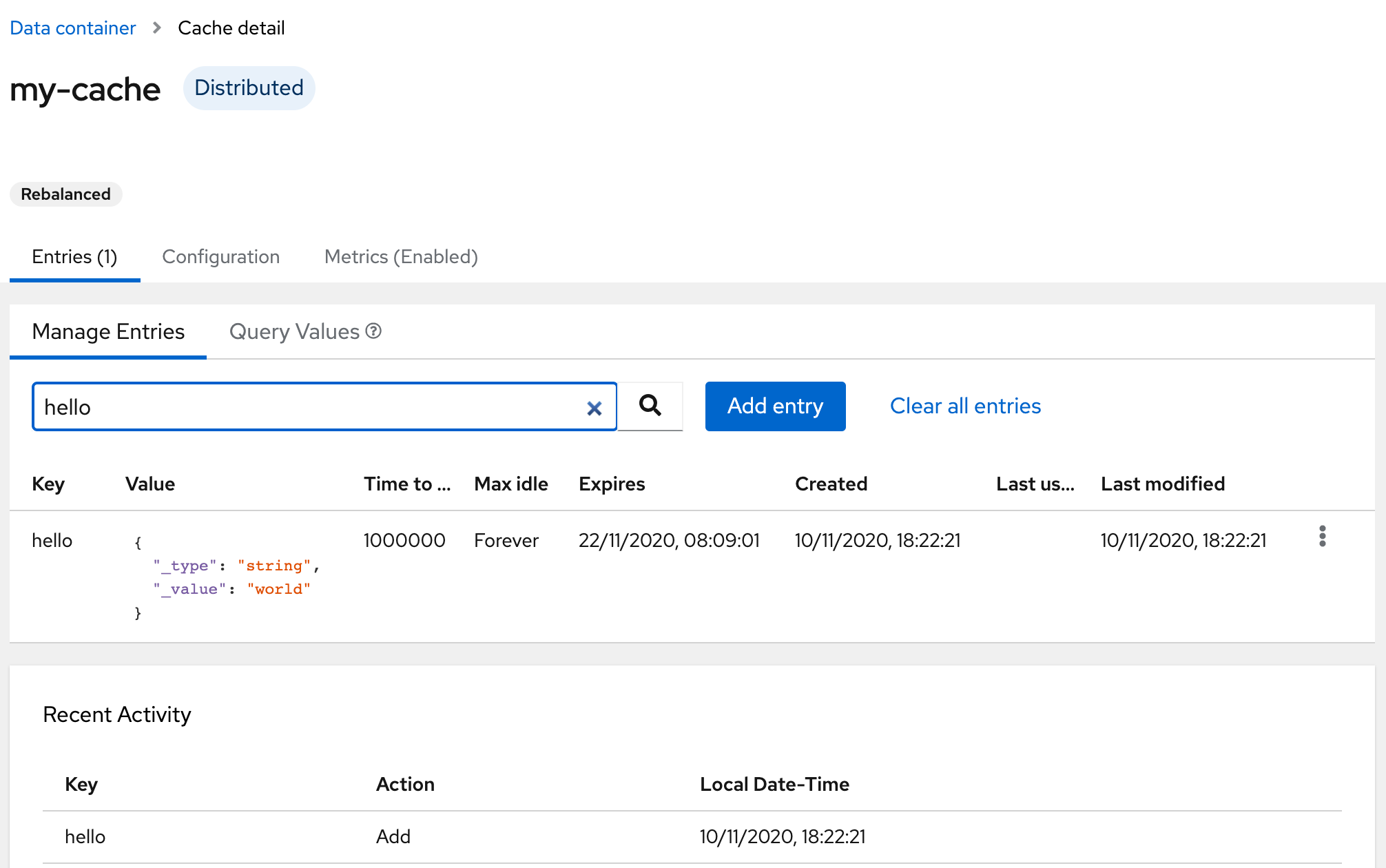 InfiniSpan screenshot: Infinispan data entry