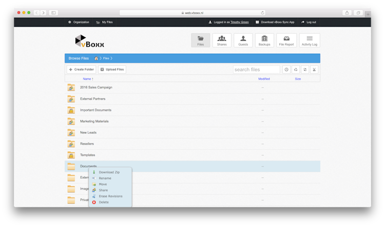 vBoxxCloud screenshot: With the vBoxxCloud web interface users can easily upload and access files