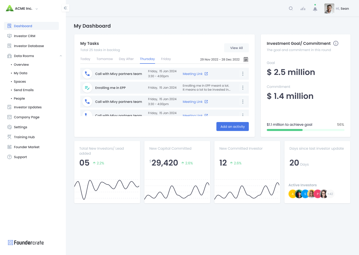 Track your fundraising progress and daily tasks with investors on the dashboard. Stay on top of meetings, updates, and other important tasks. Plus, easily monitor essential KPIs for fundraising all in one place.