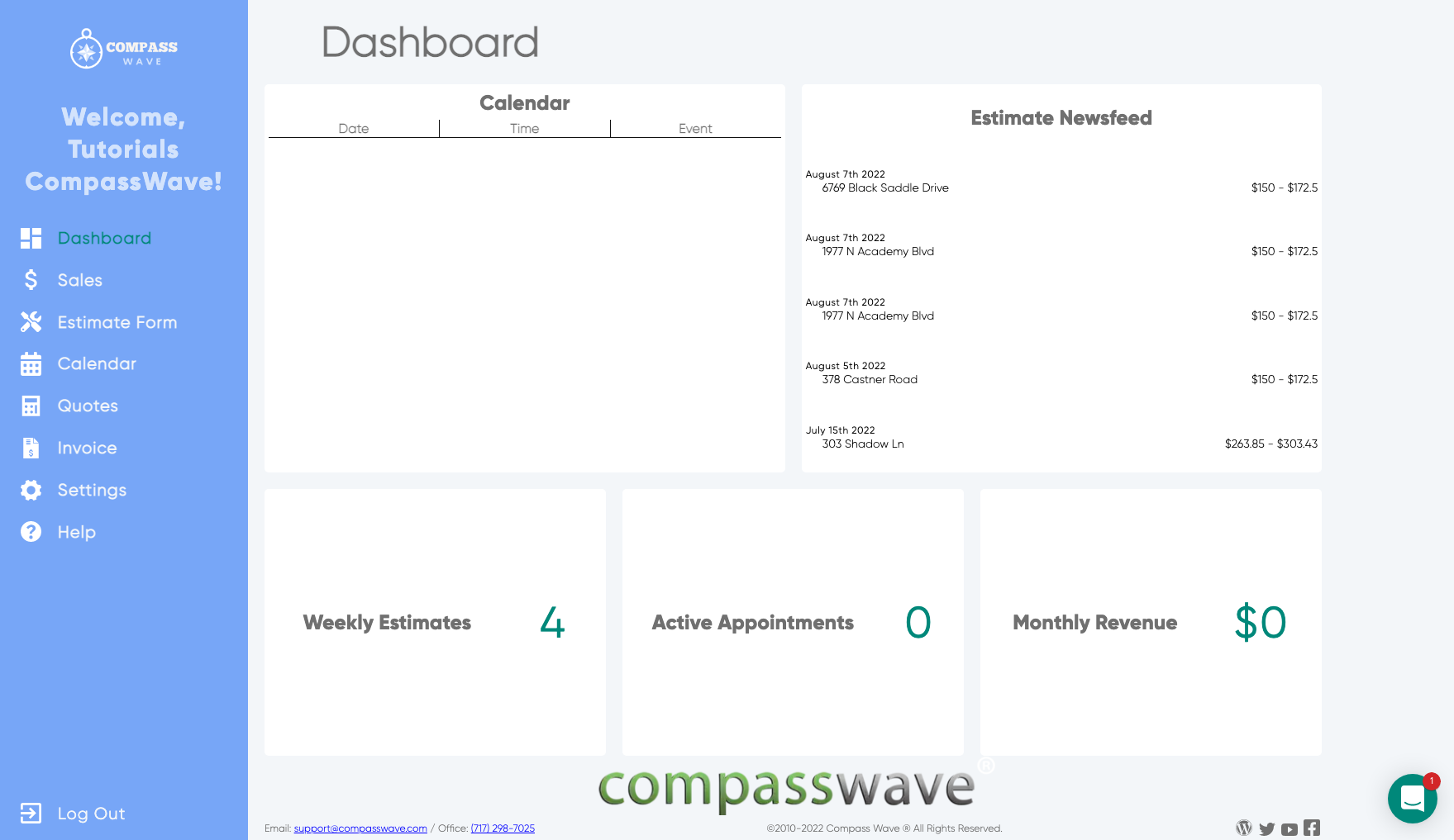 Compass Wave Dashboard - Displaying your recent estimates