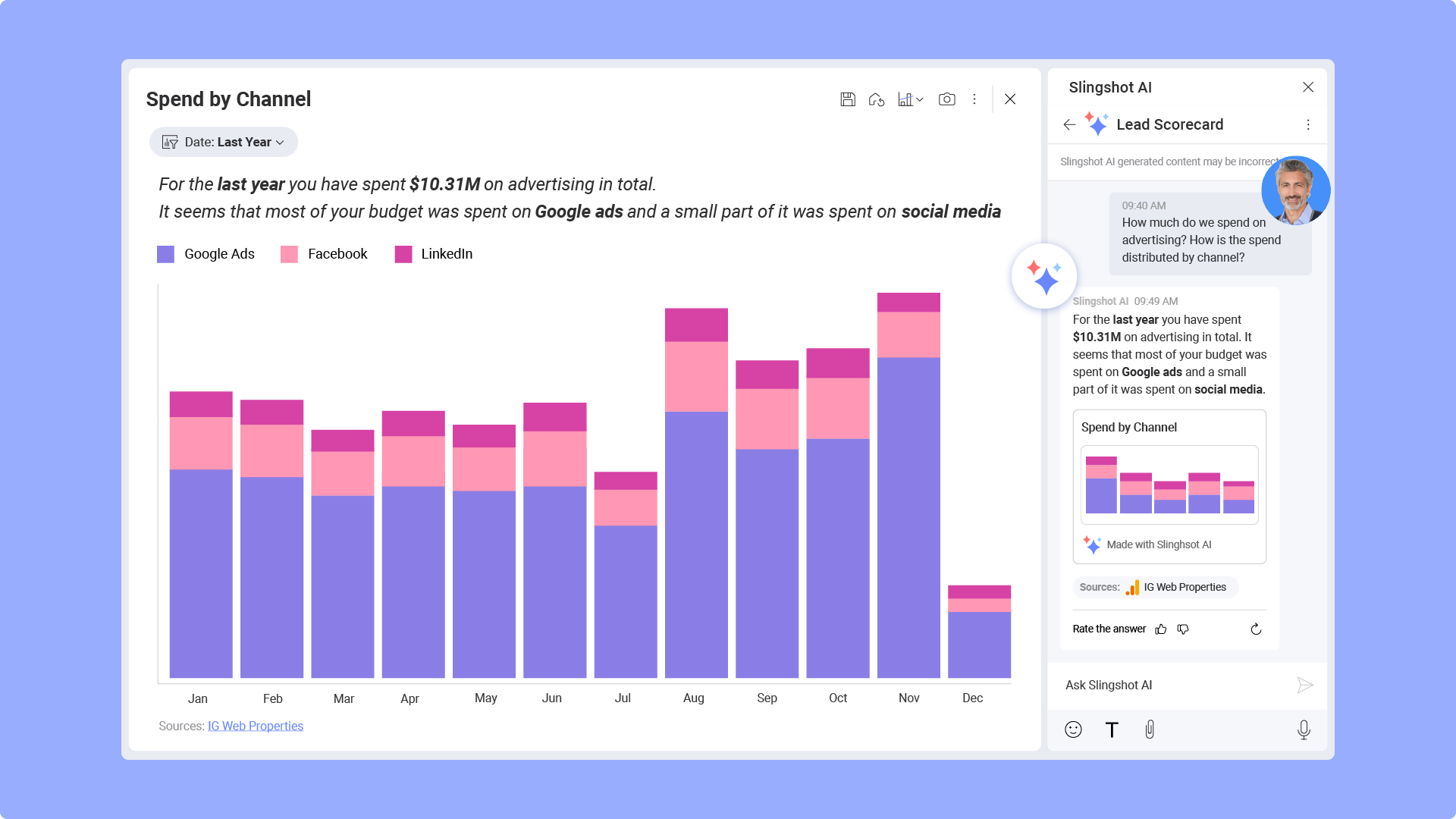 Slingshot screenshot: Slingshot’s conversational analytics delivers the actionable insights you need. Just ask a question in plain language and Slingshot AI provides the answers in real time, based on the most current data gathered from every corner of your organization.