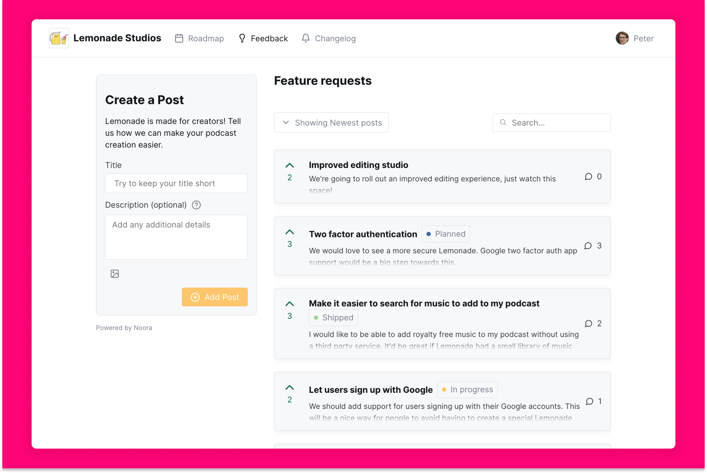 Noora screenshot: Building the right features that your users will actually use is not an easy task. With Noora, you can discuss your feature ideas and product roadmap with your users, and optionally collect their own ideas.