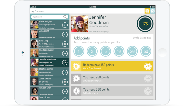 Loyal Zoo screenshot: Loyalzoo's point-of-sale software runs on any electronic device and most EPOS systems, allowing staff to award customers points, stamps and rewards quickly & efficiently.