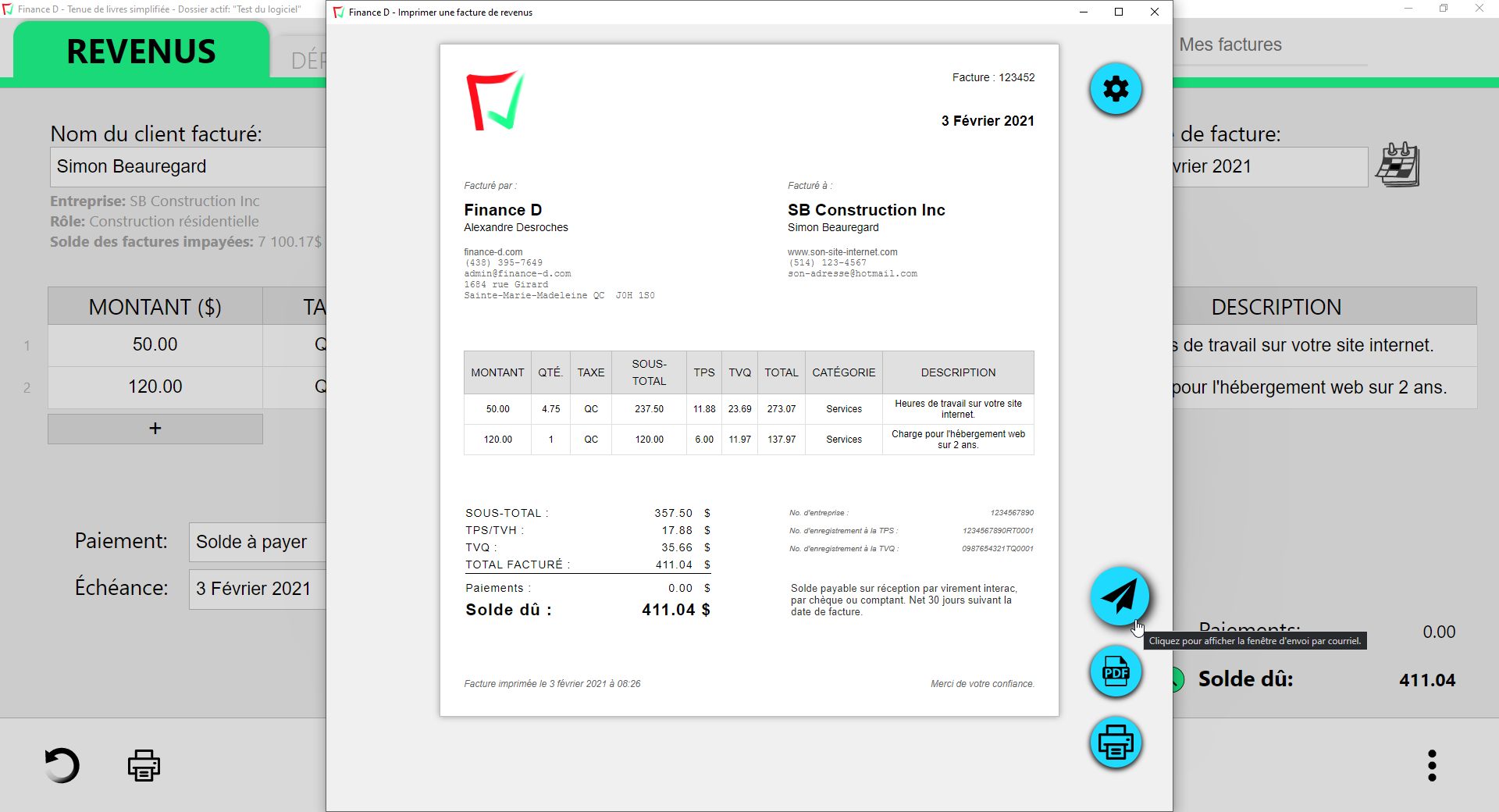 Finance D Software - Le modèle de facture de revenus personnalisable peut être envoyé par courriel, imprimé en PDF, ou sur papier.