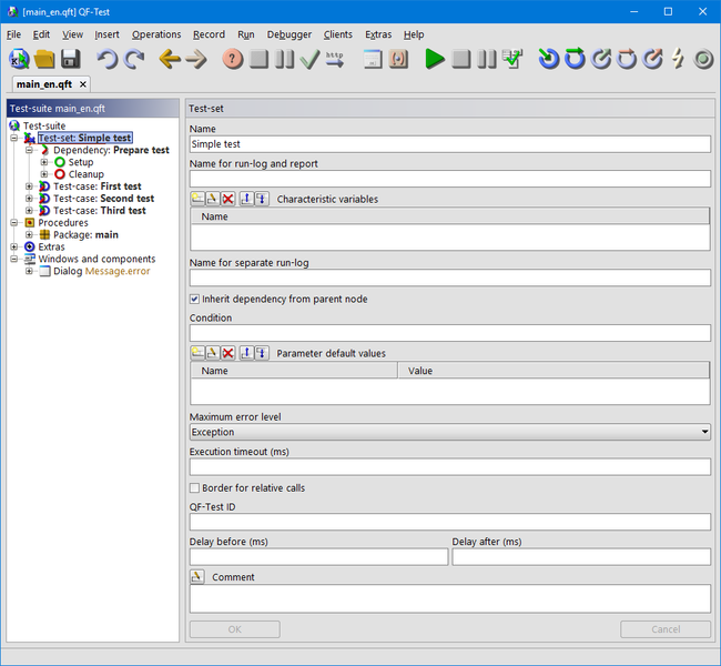 Test-suite structure - A test-suite in QF-Test is mainly represented by a tree structure of different node types. It may contain test-sets and test-cases as well as reusable procedures and component information.-thumb