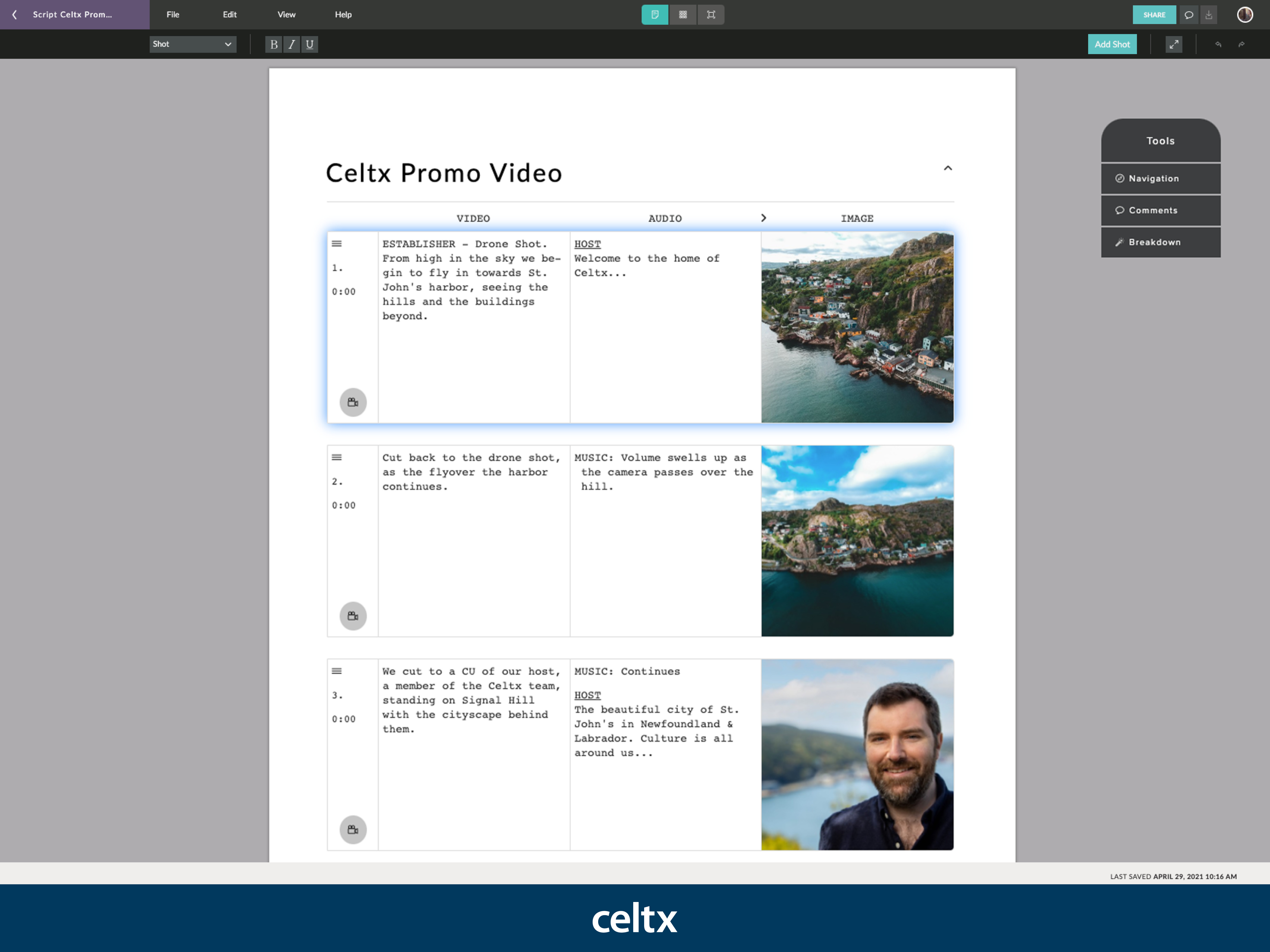 The Celtx Multi-Column AV Editor was built as a flexible and adaptable solution that supports the pre-production workflow required to keep short-format video projects on-schedule and on-budget.