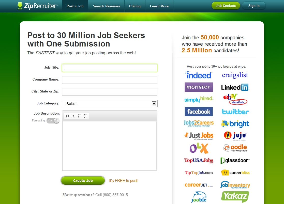 ZipRecruiter Software - The ZipRecruiter homepage where users can post to 30 million job seekers with one submission