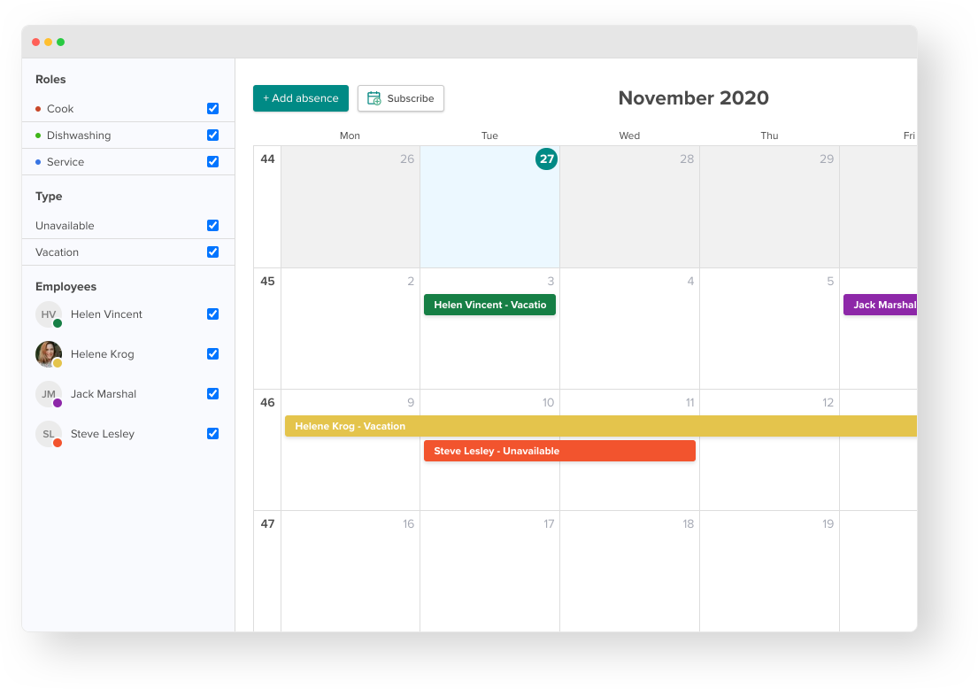 Absence management made easy: In the Smartplan absence calendar you will have a complete overview on all the approved as well as requested absences. The absences can be filtered by absences type (eg. holiday, sick leave, reducing overtime...)