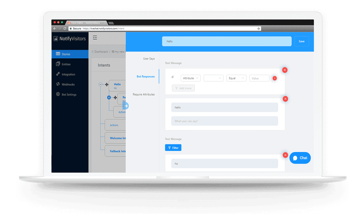 Without programming knowledge, users can create a Chatbot with NotifyVisitors' user-friendly dashboard