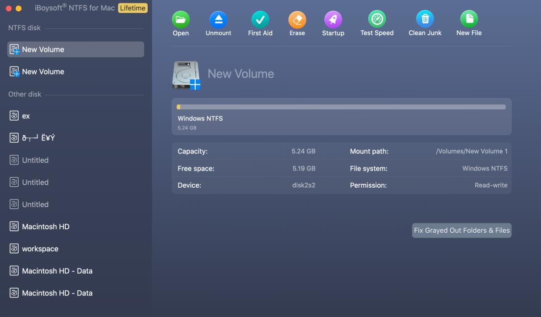 iBoysoft NTFS for Mac new volume