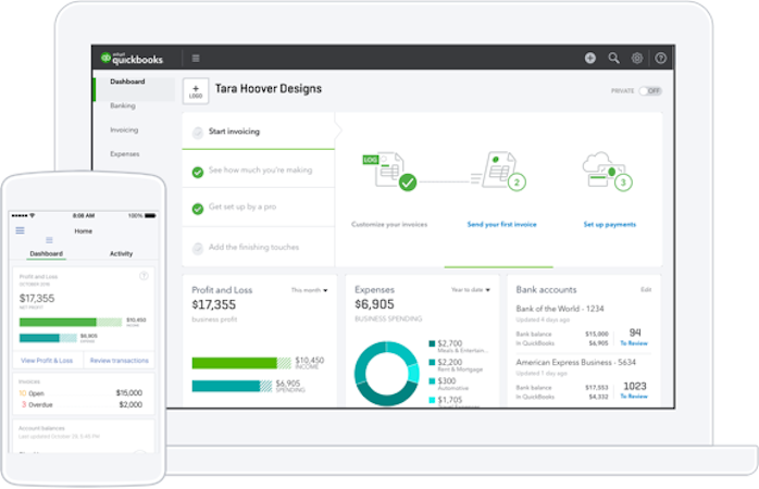 Quickbooks Online screenshot: From the dashboard users can view reports on key metrics and carry out key tasks