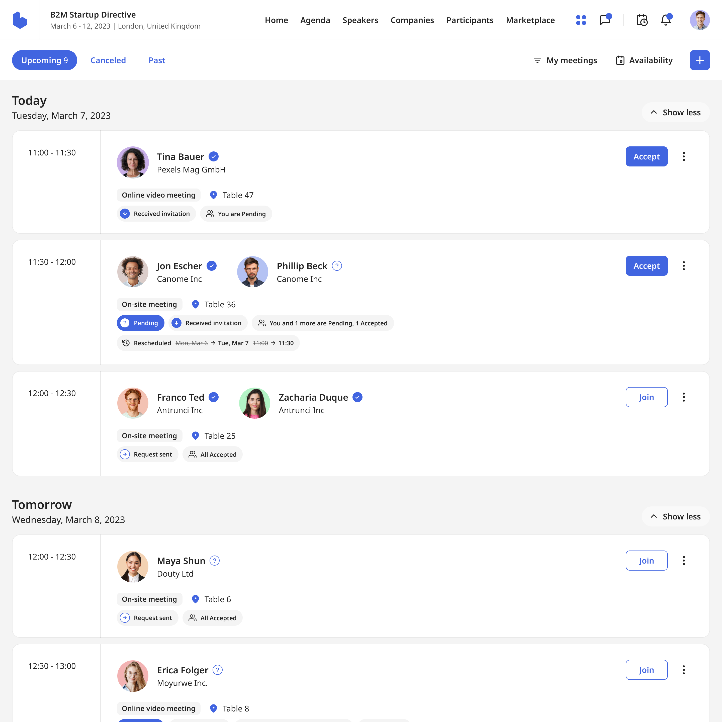 Participants can engage with multiple participants in in-person or online meetings. Time slots organized in meeting blocks ensure efficient scheduling. By specifying their available slots, participants schedule meetings based on their mutual availability.