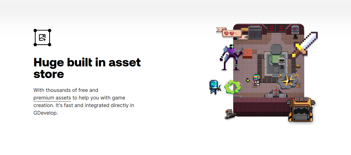 The GDevelop Asset Store with 2D and 3D, Free and Paid assets.