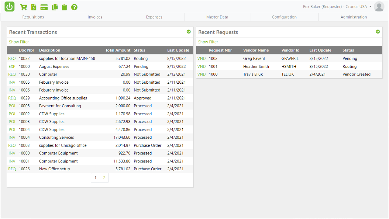 eQlogic's application homepage: Track requisitions, expenses, POs, and invoices effortlessly