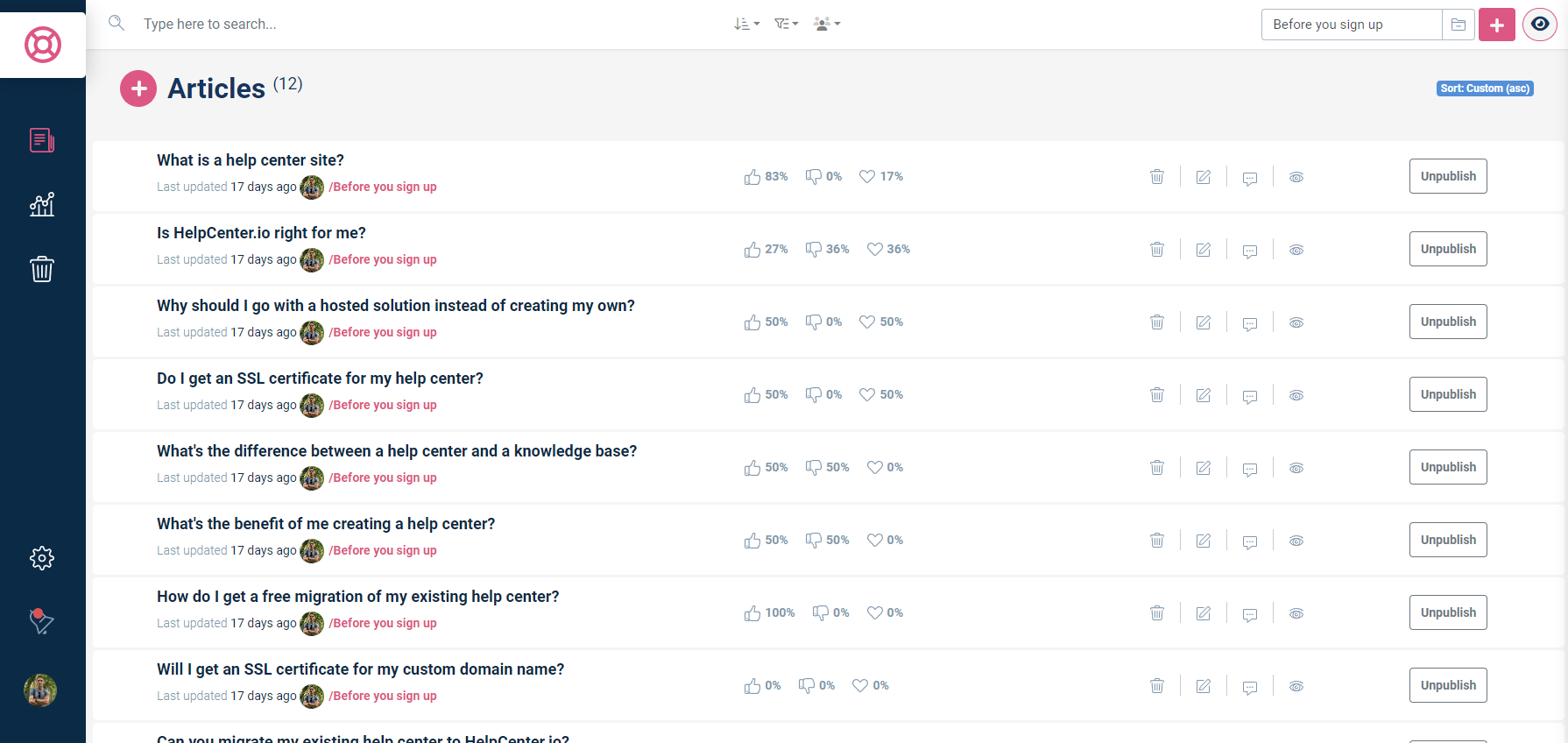 HelpCenter.io screenshot: Easy article management, rearrange with drag and drop.