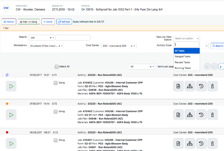 ePS Pace Software - EFI Pace data collection task List
