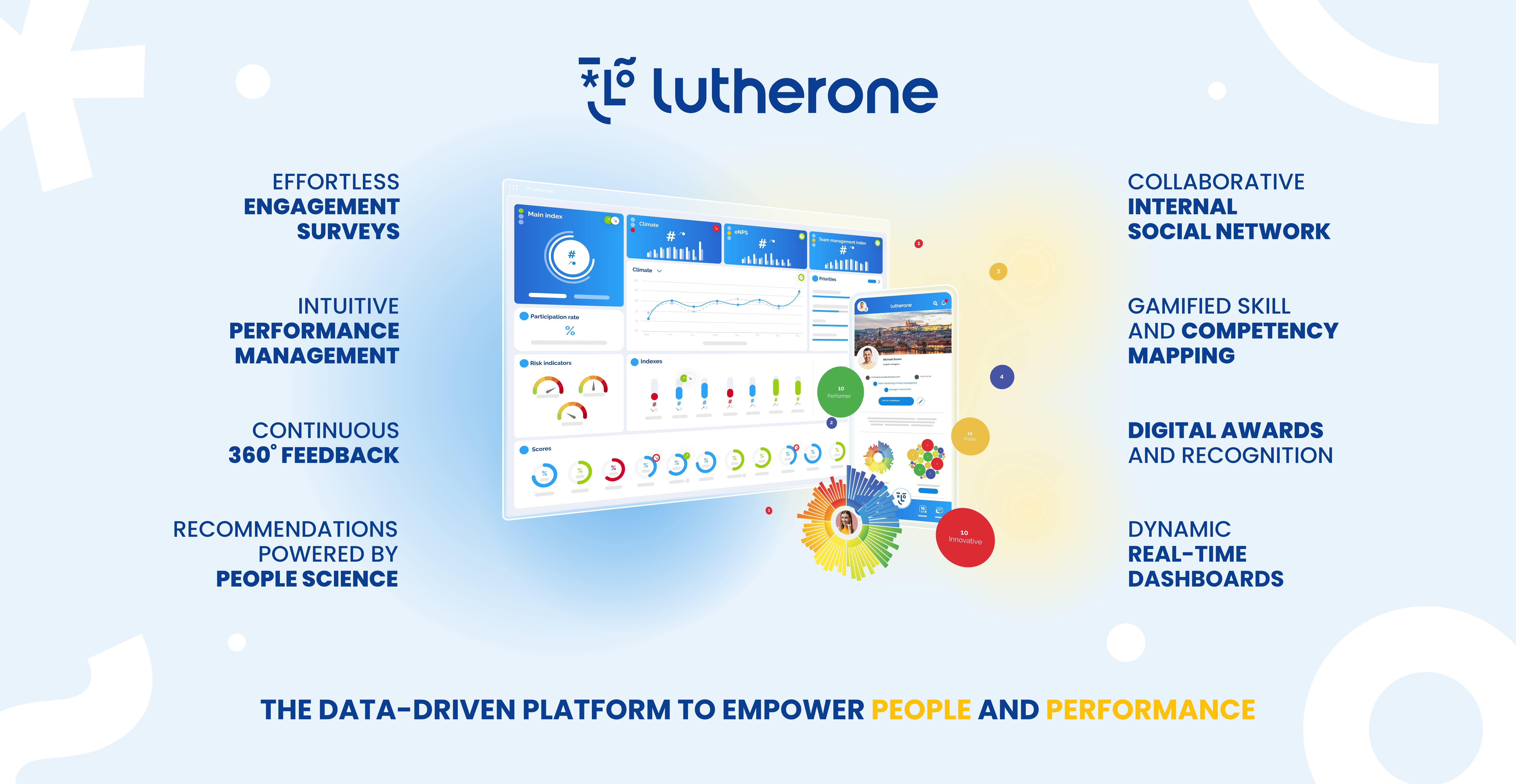 LutherOne screenshot: LutherOne's people activation platform is a modular HR tech solution offering:

- Real time engagement surveys
- Continuous performance management 
- Skill and competency mapping
- Digital awards and recognition
- Internal social media