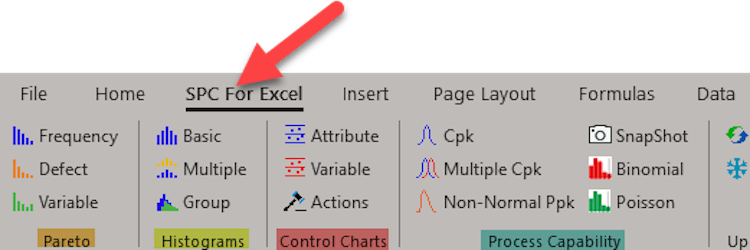 SPC for Excel screenshot: Software options shows natively in Excel Ribbon.