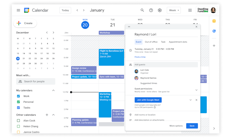 Google Calendar screenshot: Scheduling for team meetings