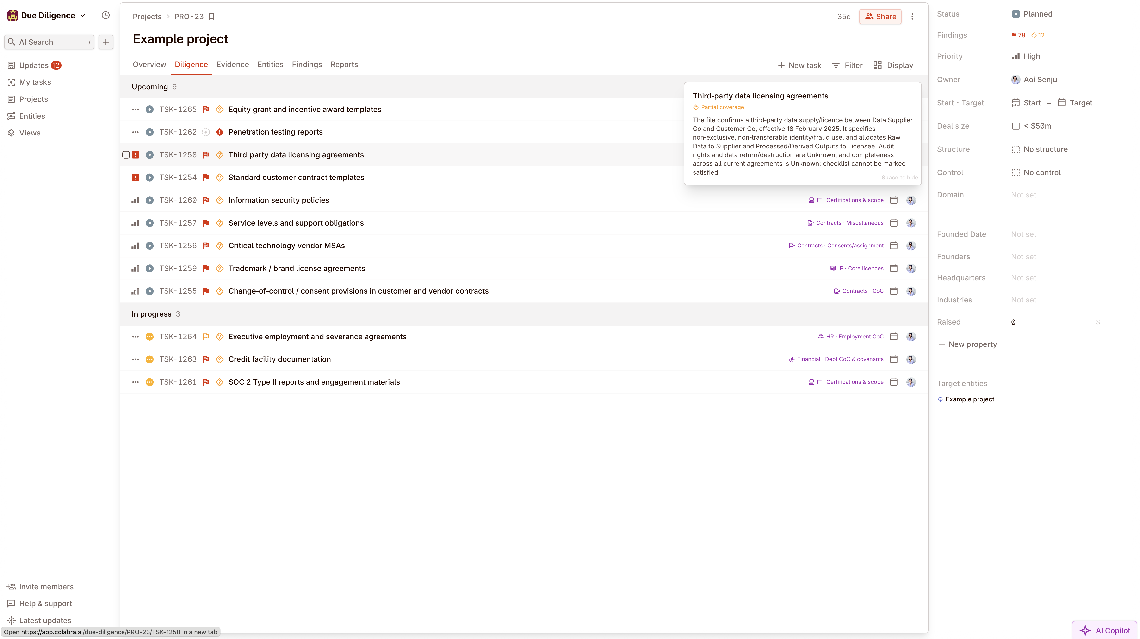 Colabra screenshot: Evidence and red-flag dashboard with clause links, owners, and review status across the data room.