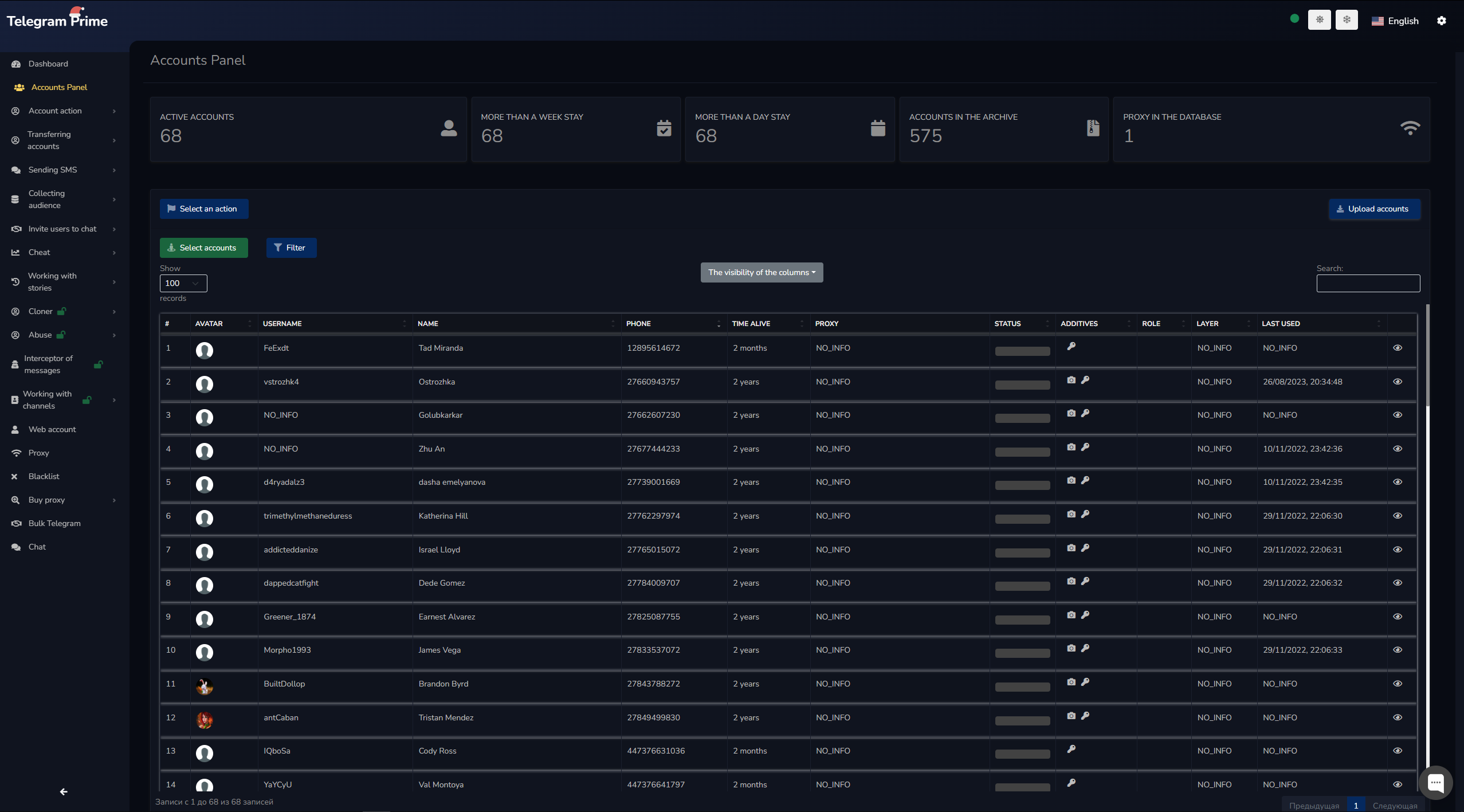 Telegram Prime screenshot: A sleek and organized accounts panel showcasing multiple account tabs. Each tab displays usernames, activity statuses, and quick access controls for bulk messaging and automation features, ensuring efficient management of Telegram accounts for streamlined