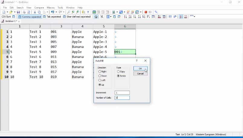 EmEditor screenshot: EmEditor autofill functionality