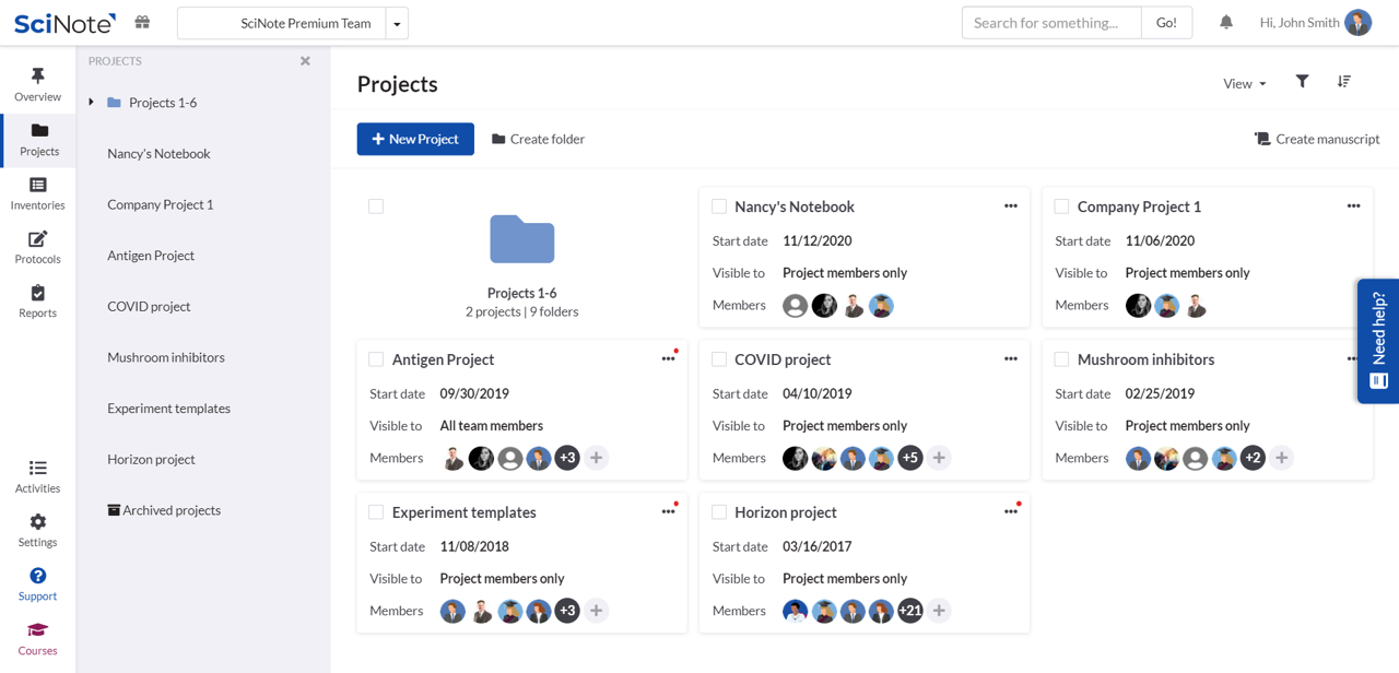 SciNote’s unique projects/experiment/task structure allows you to manage all projects in the lab, assign team members to projects, manage project access, and keep everyone notified of the project's progress.