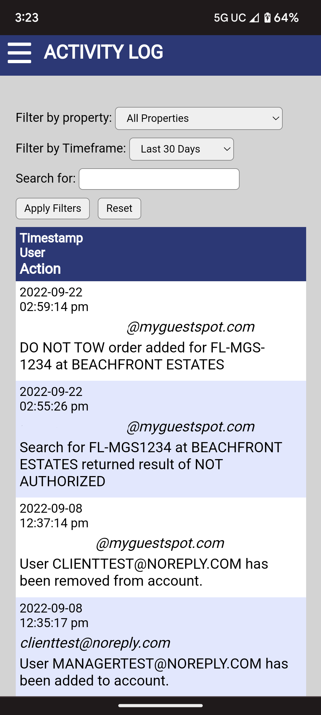 The MGS "Activity Log" time stamps all critical information related to the permitting process so that in the event an accusation is made of a "bad tow", the user can search the history of the vehicle and determine the facts of the case.