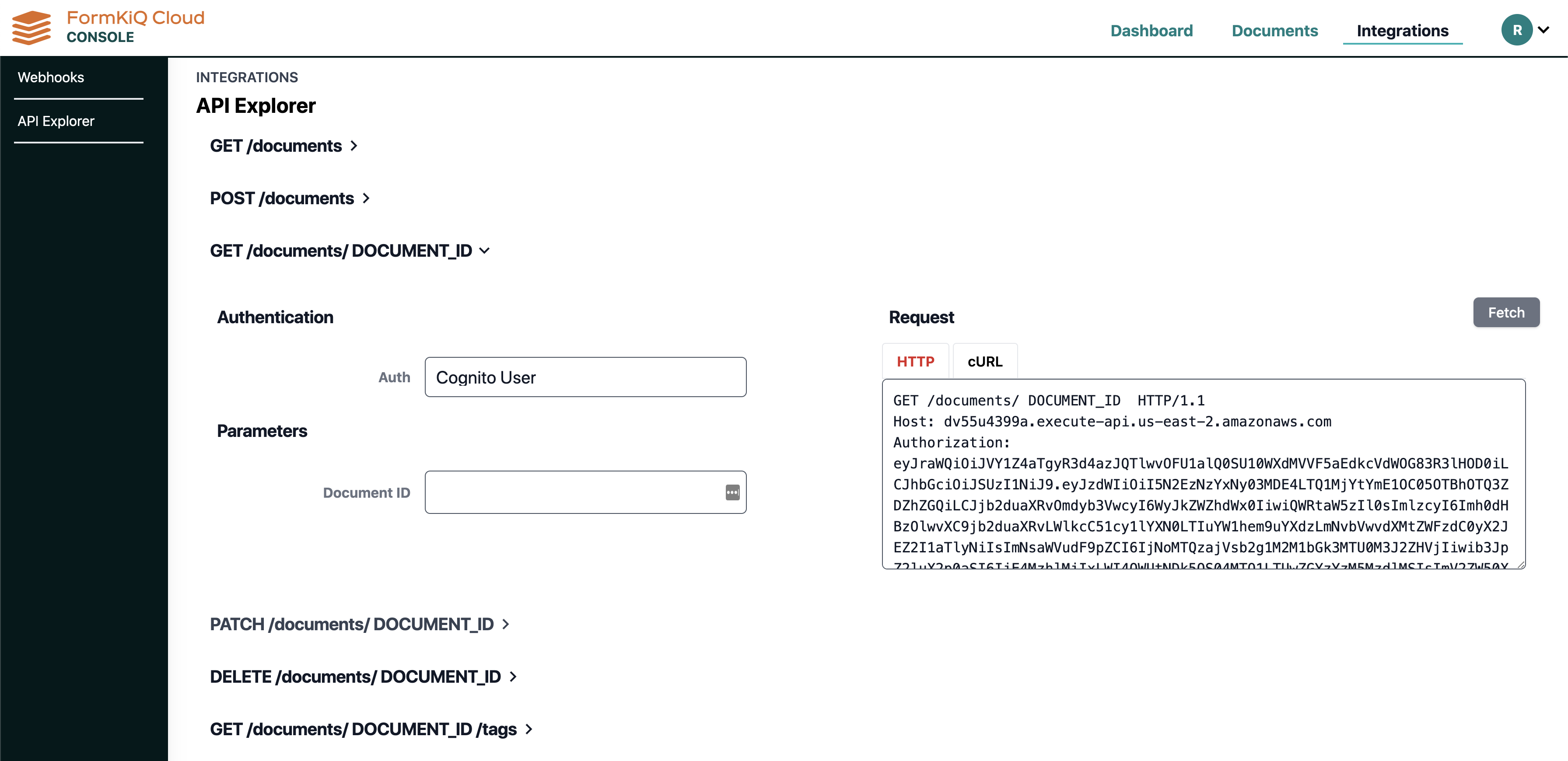 FormKiQ's Document Console includes an API Explorer