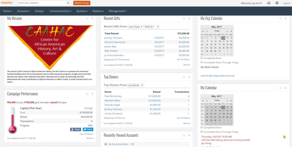 Blackbaud Fundraising Software - Check fundraising activity, including calendars and campaign performance, from a central dashboard