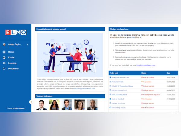 ELMO Software Software - ELMO Onboarding | Get your new starters up to speed quickly and make first impressions count. Eliminate paperwork, while improving the employee experience and productivity from day one.