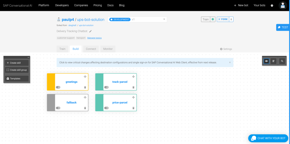 SAP Conversational AI screenshot: SAP Conversational AI build chatbot
