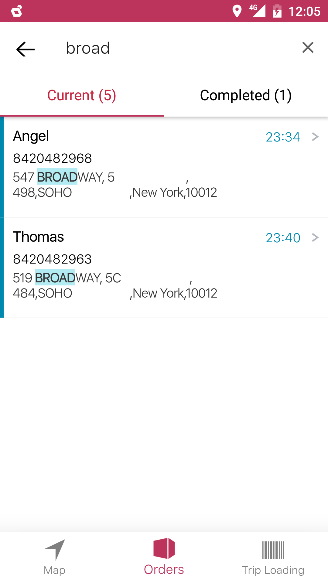 Order list view within the delivery associates application
