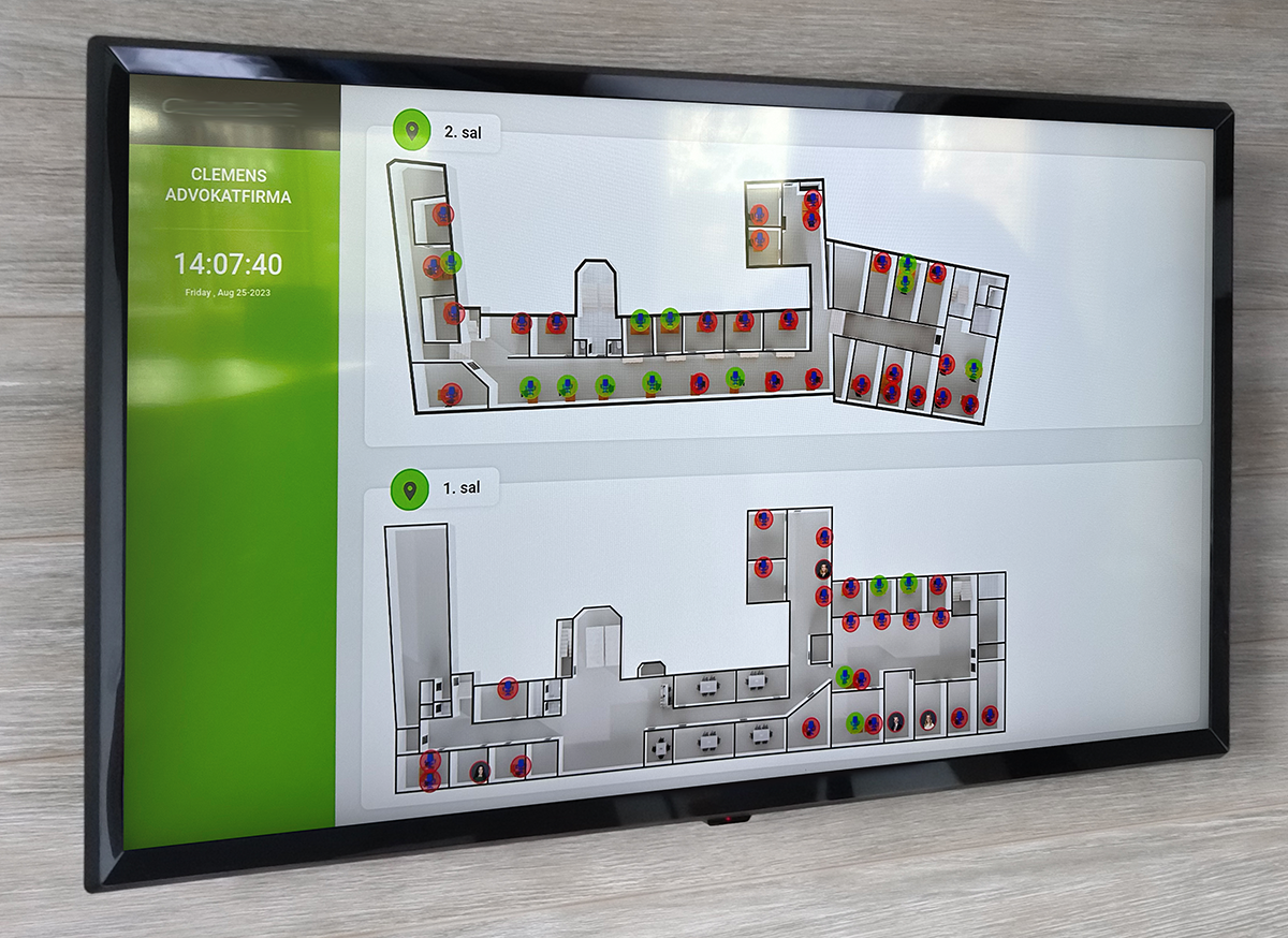 Visual infoscreen showing available desks and meeting rooms