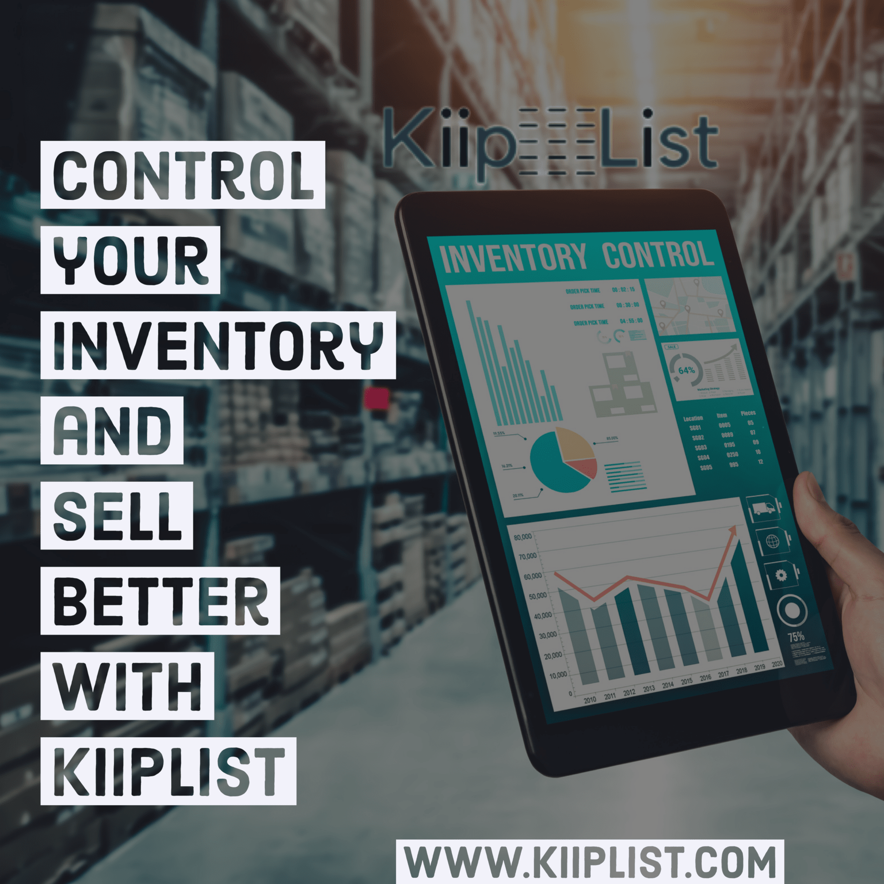 KiipList screenshot: KiipList simplifies inventory management with real-time tracking, shelf-life & expiry date monitoring, and multi-warehouse support. It auto-generates shipping labels, provides detailed reports, and offers mobile access and alerts.