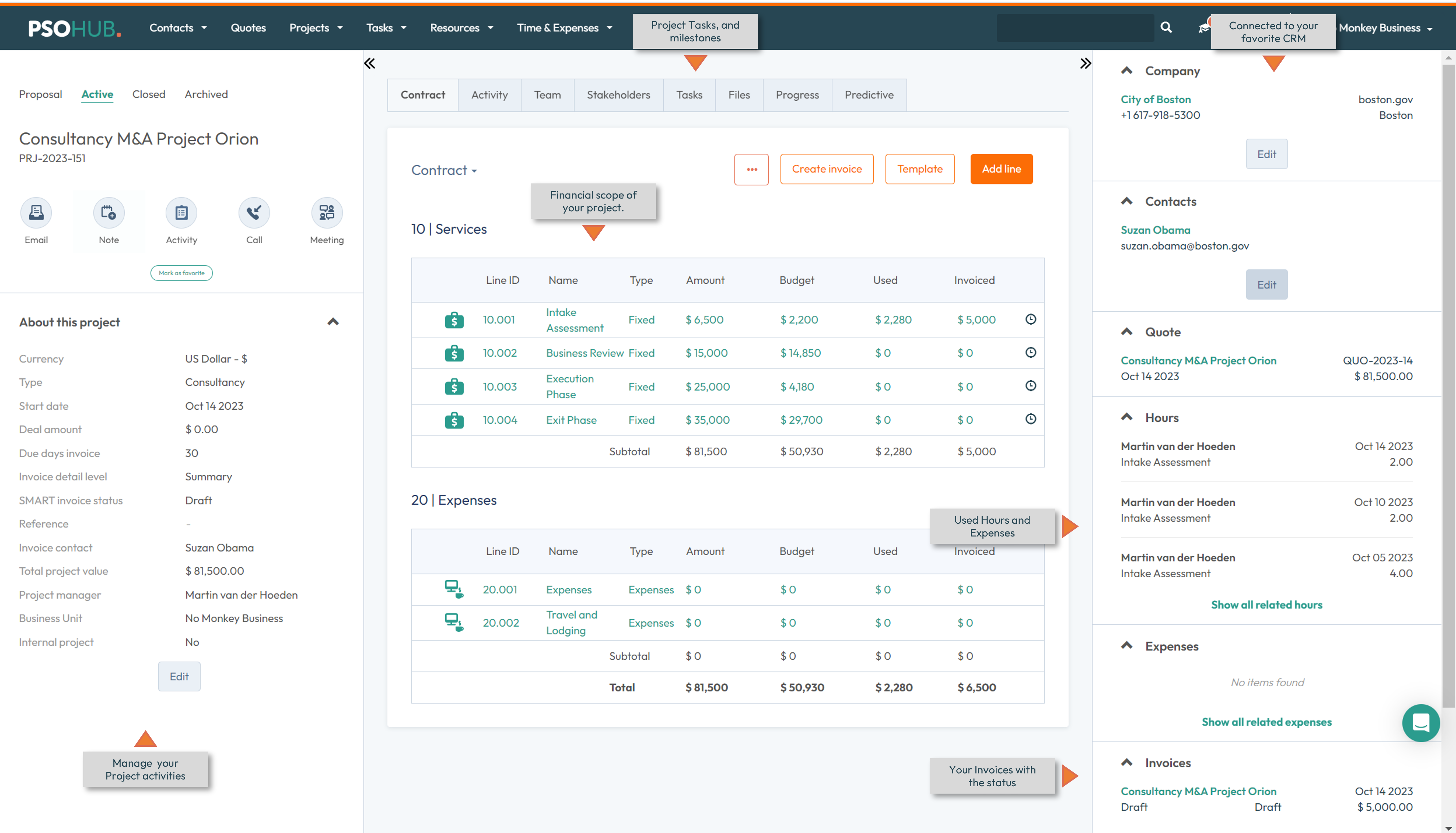 Project Tracking to manage your project activities, budget, hours & expenses and invoices.
