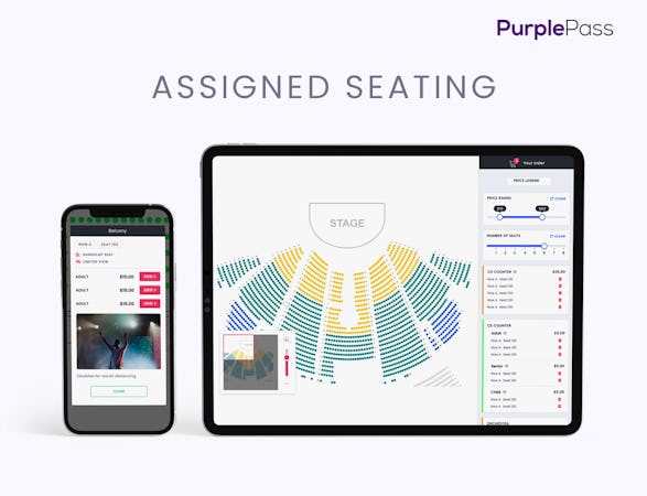 Purplepass Ticketing screenshot: ASSIGNED SEATING - Beautiful true-to-form seating maps that are fully mobile friendly.  Plus we build them for you at no cost.