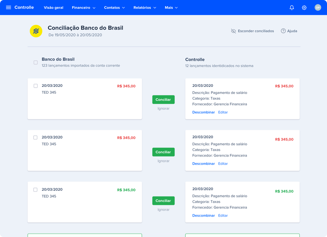 Controlle screenshot: Controlle bank reconciliation