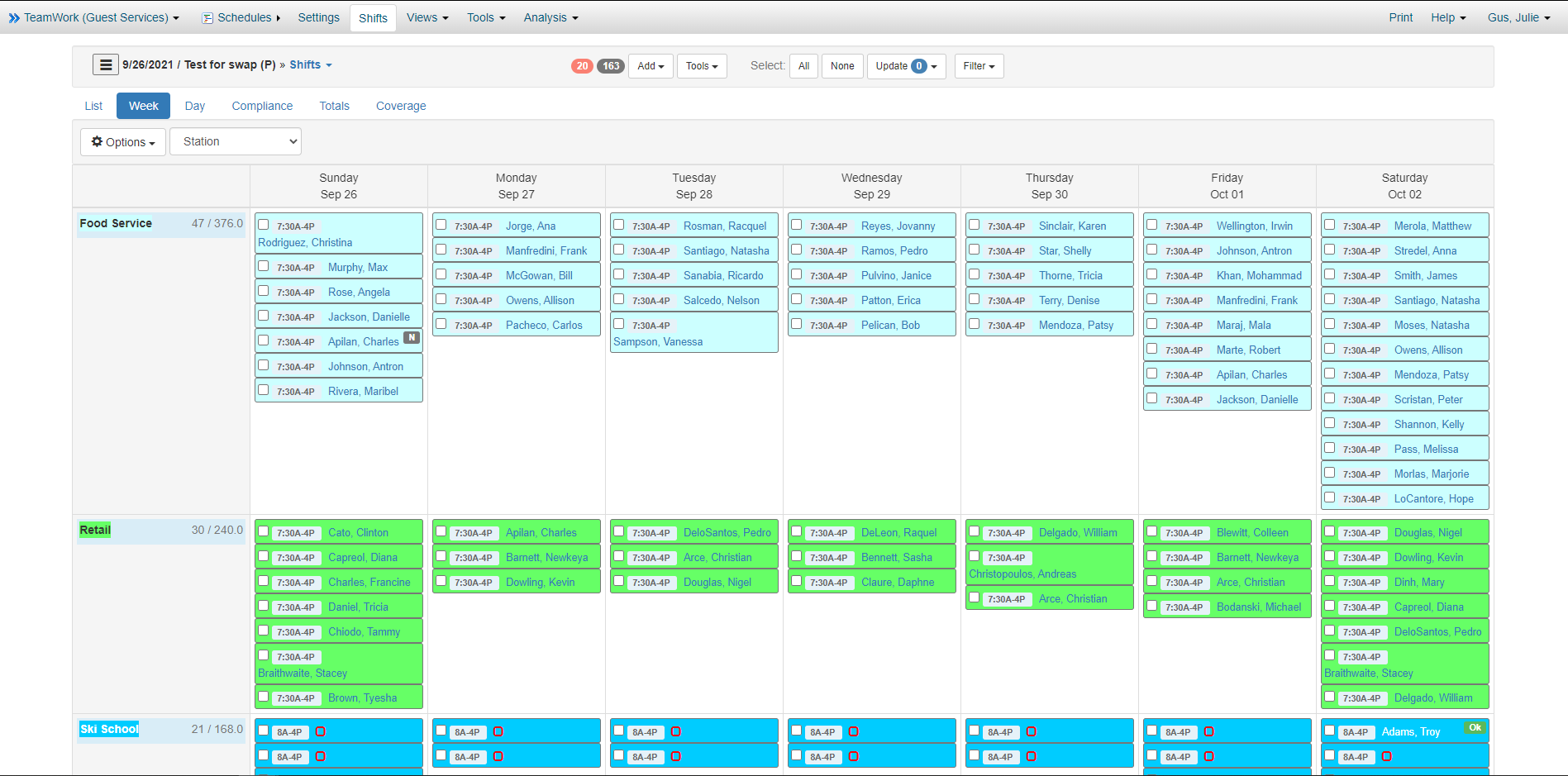 This is a week view of the schedule that has customized style to differentiate the jobs people work.