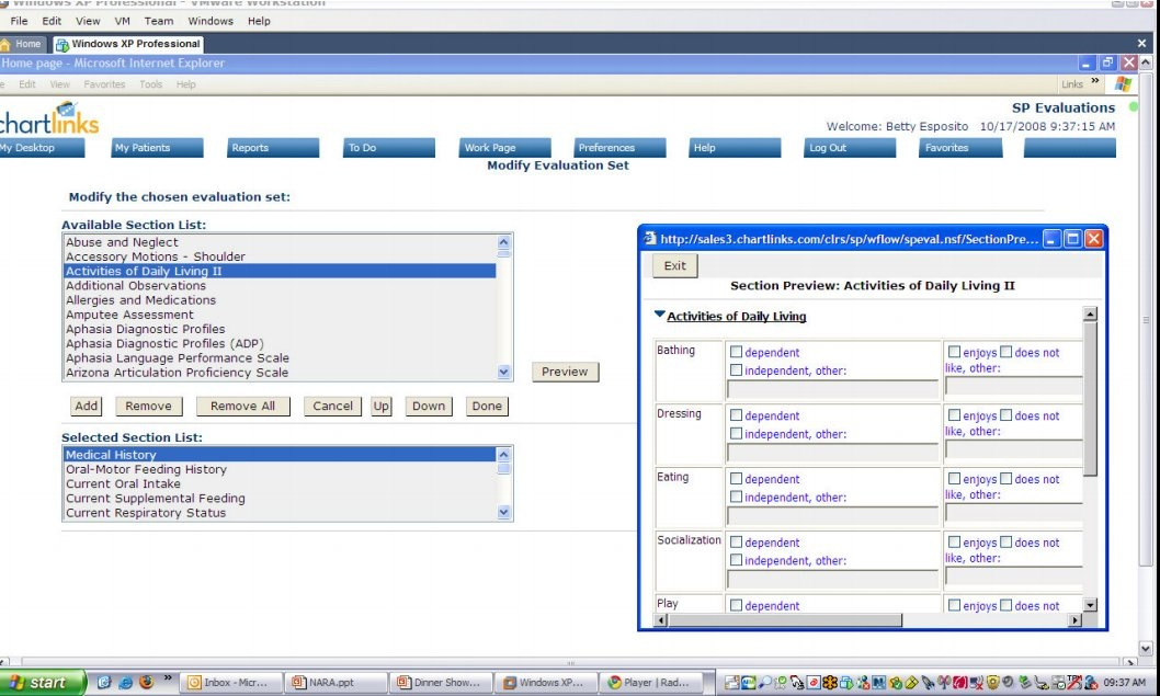 Chart Links Software - SP Evaluations Activities of Daily Living