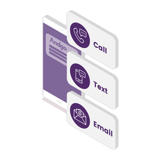 Andgo screenshot: Andgo Systems illustration showing mobile screen with options for call, text and email