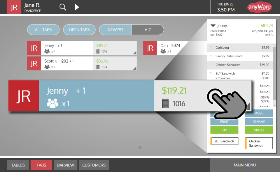 View the contents of a check without opening the check right from the tabs screen, and pay, print or reorder the most popular items