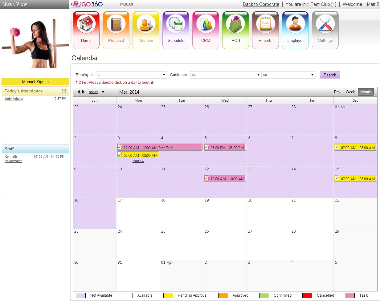 iGo Figure's calendar displays events differently based on whether they are pending approval, approved, or confirmed
