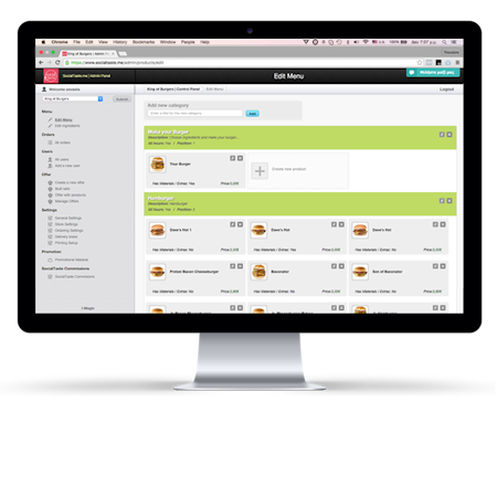 Social Taste screenshot: Menus, products, and categories can be managed from the Social Taste admin module