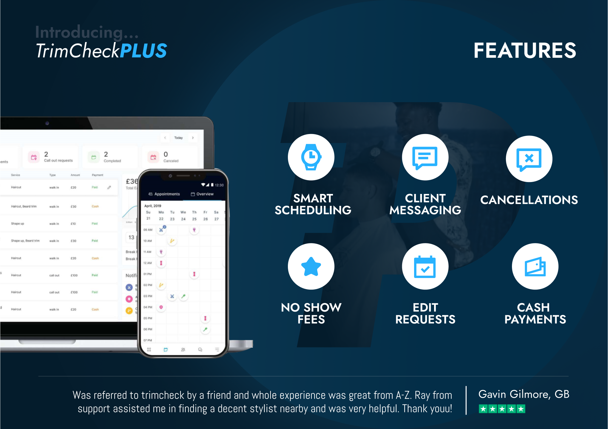 App features include advanced Scheduling, Payment Processing, Messaging, Analytics, Live Call-out Tracking & CRM software