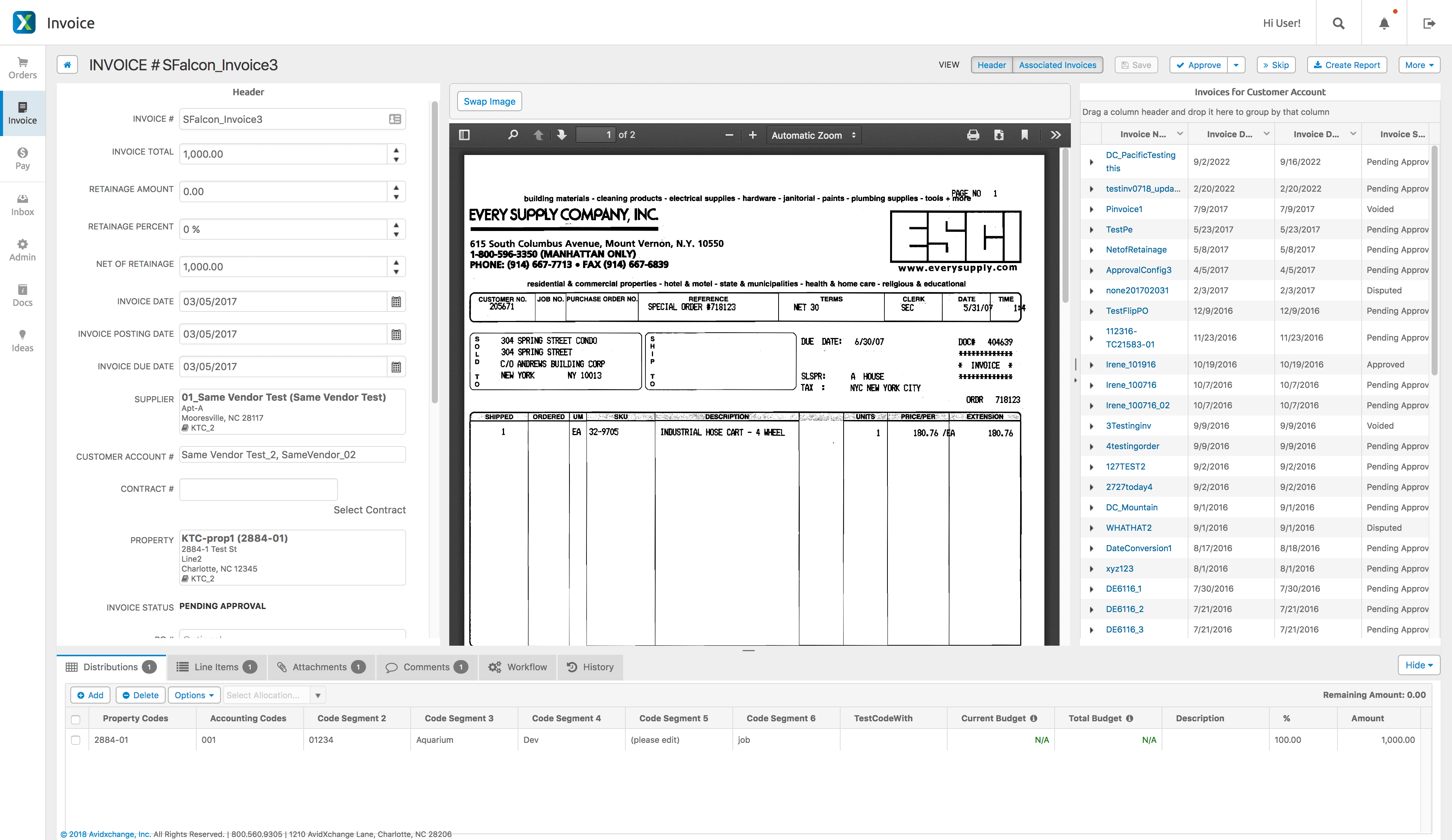 AvidXchange invoice detail & associated invoices screenshot