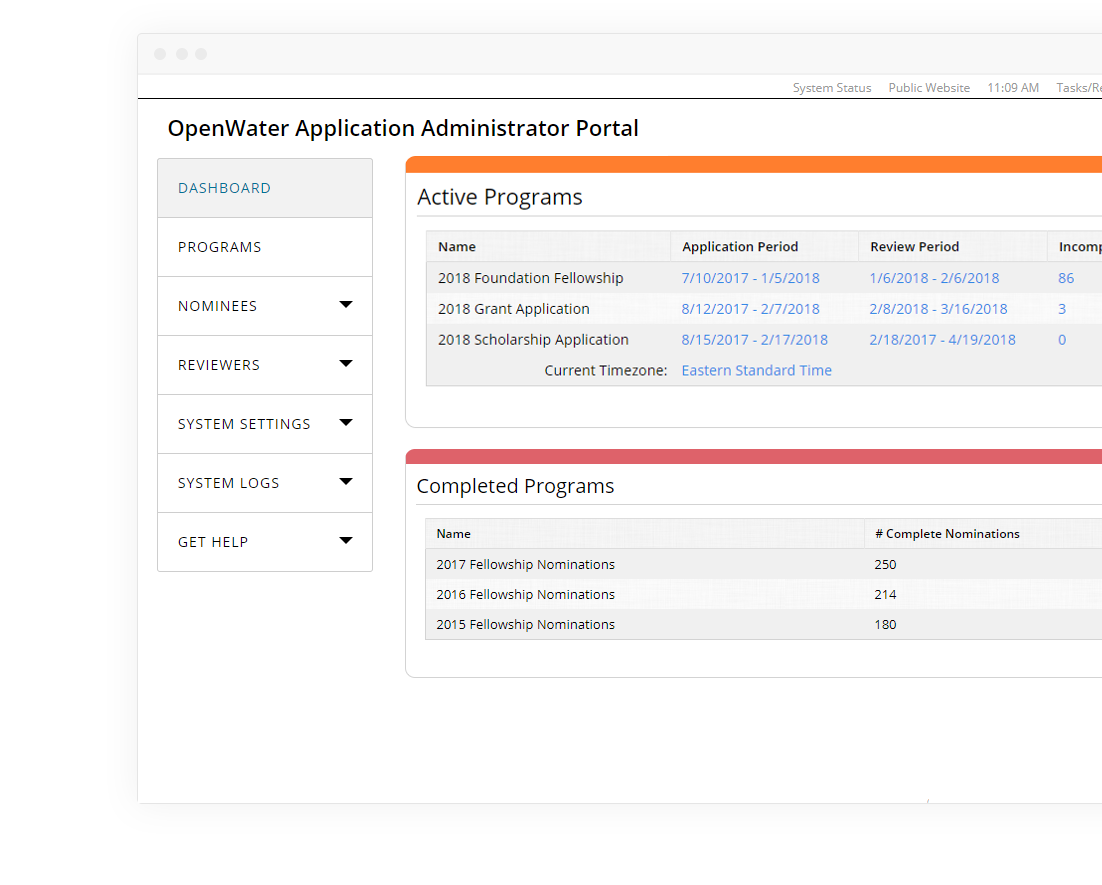 Administrators can view the entire fellowship nomination and award process in one dashboard