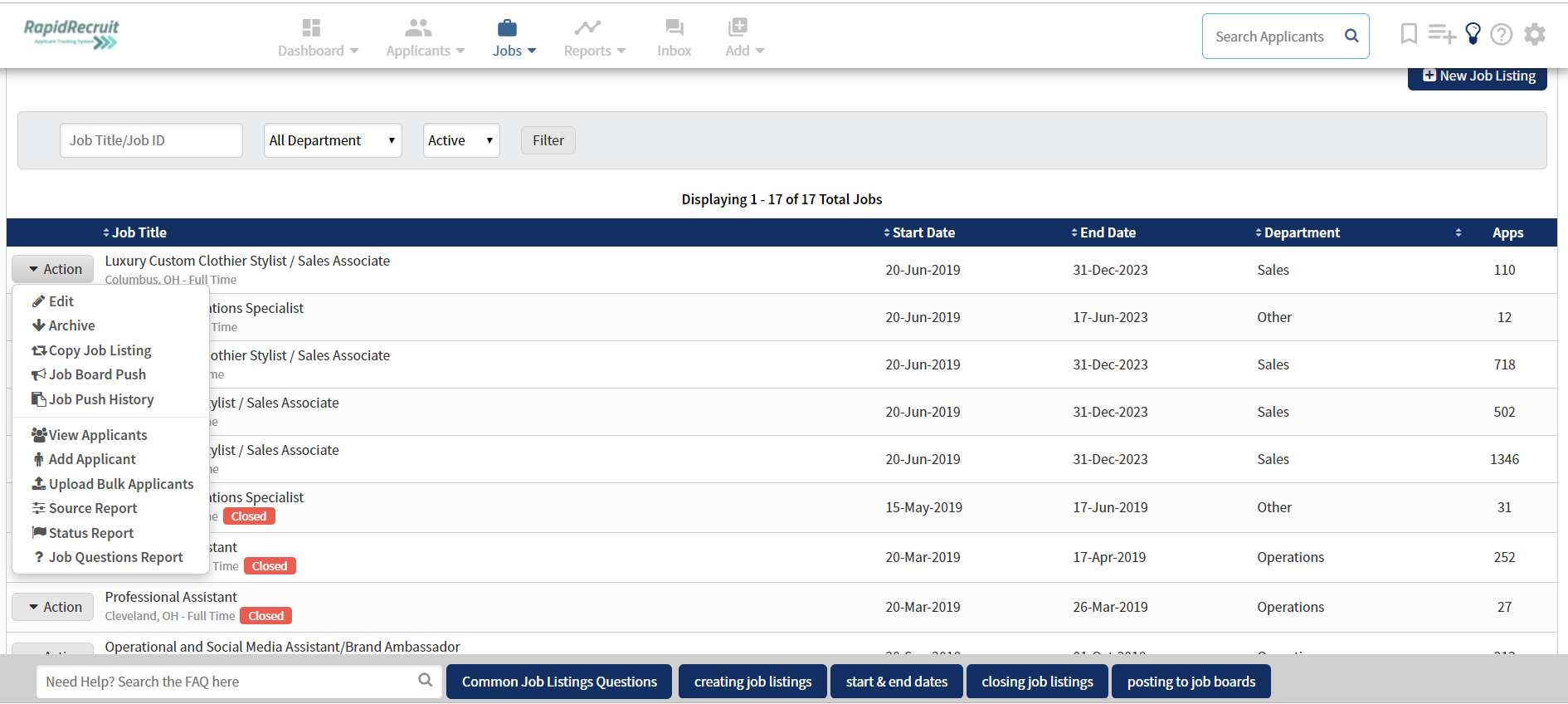 RapidRecruit job listings