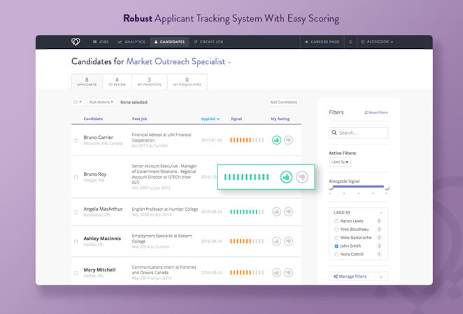 Alongside screenshot: Applicant tracking system with scoring